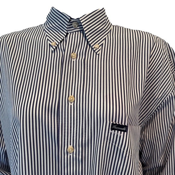 Faconnable Nautical Stripe Button Shirt L Long Sleeve Blue White Coastal Classic - Picture 1 of 8